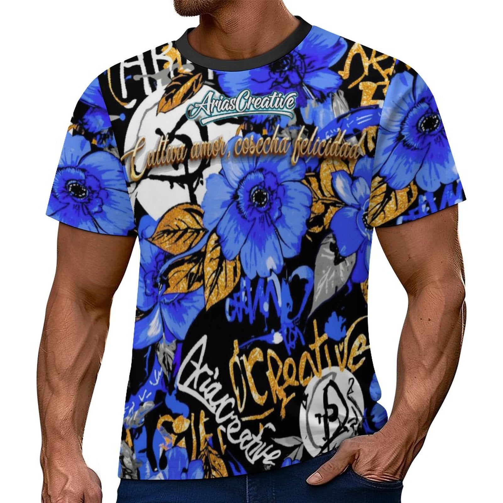 Camiseta manga corta azul y oro de AriasCreative con mensaje "Cultiva amor, cosecha felicidad" en el frente.