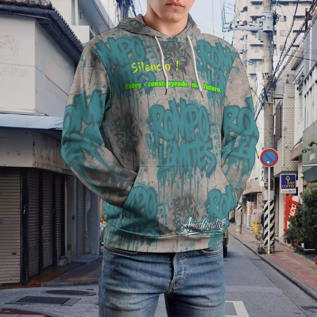 Sudadera con capucha peaprint "ROMPO MIS LÍMITES" AriasCreative, streetwear urbano premium, en color gris con diseño en la parte frontal.