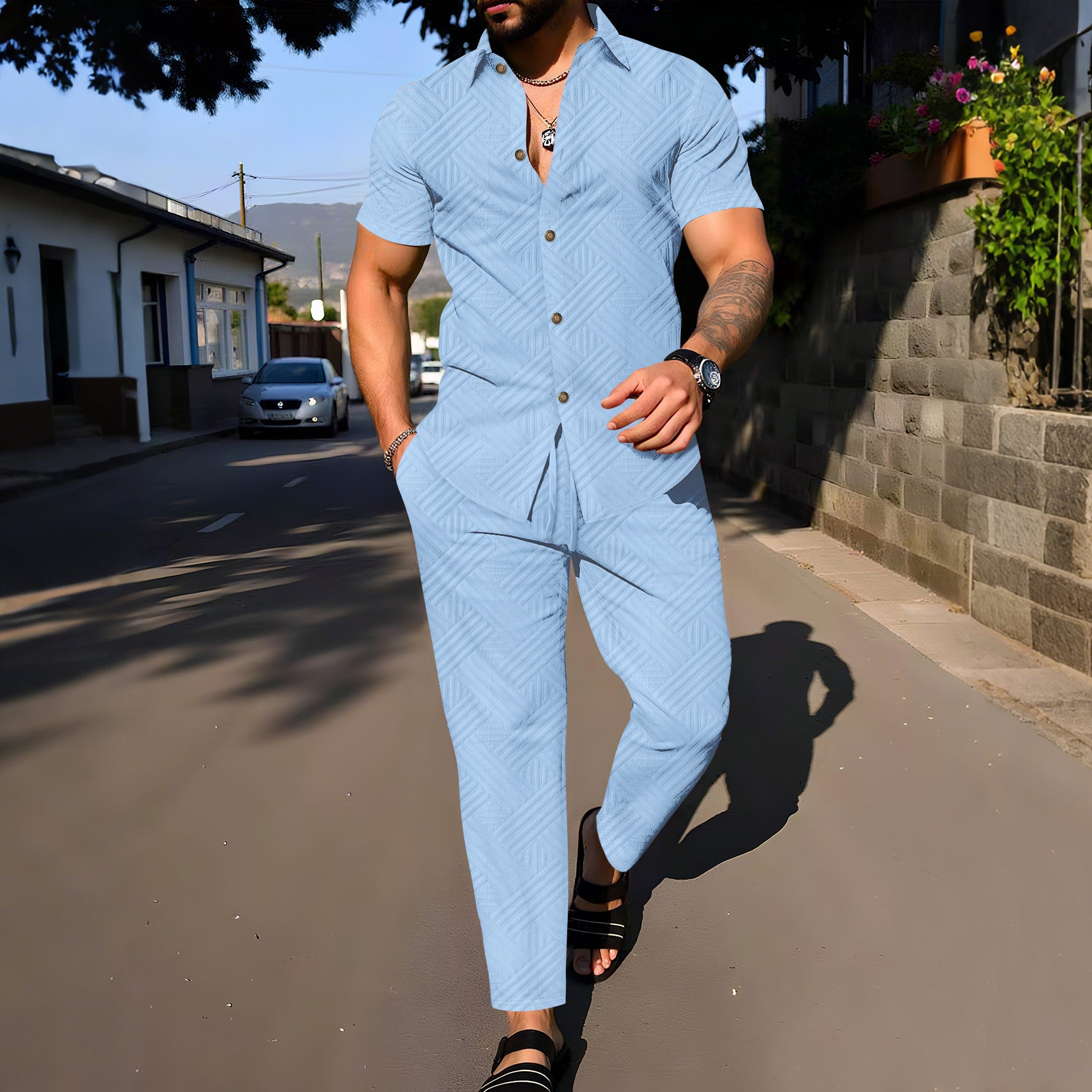 Conjunto de verano para hombre de dos piezas, camiseta de manga corta y pantalón ligero de la marca AriasCreative.