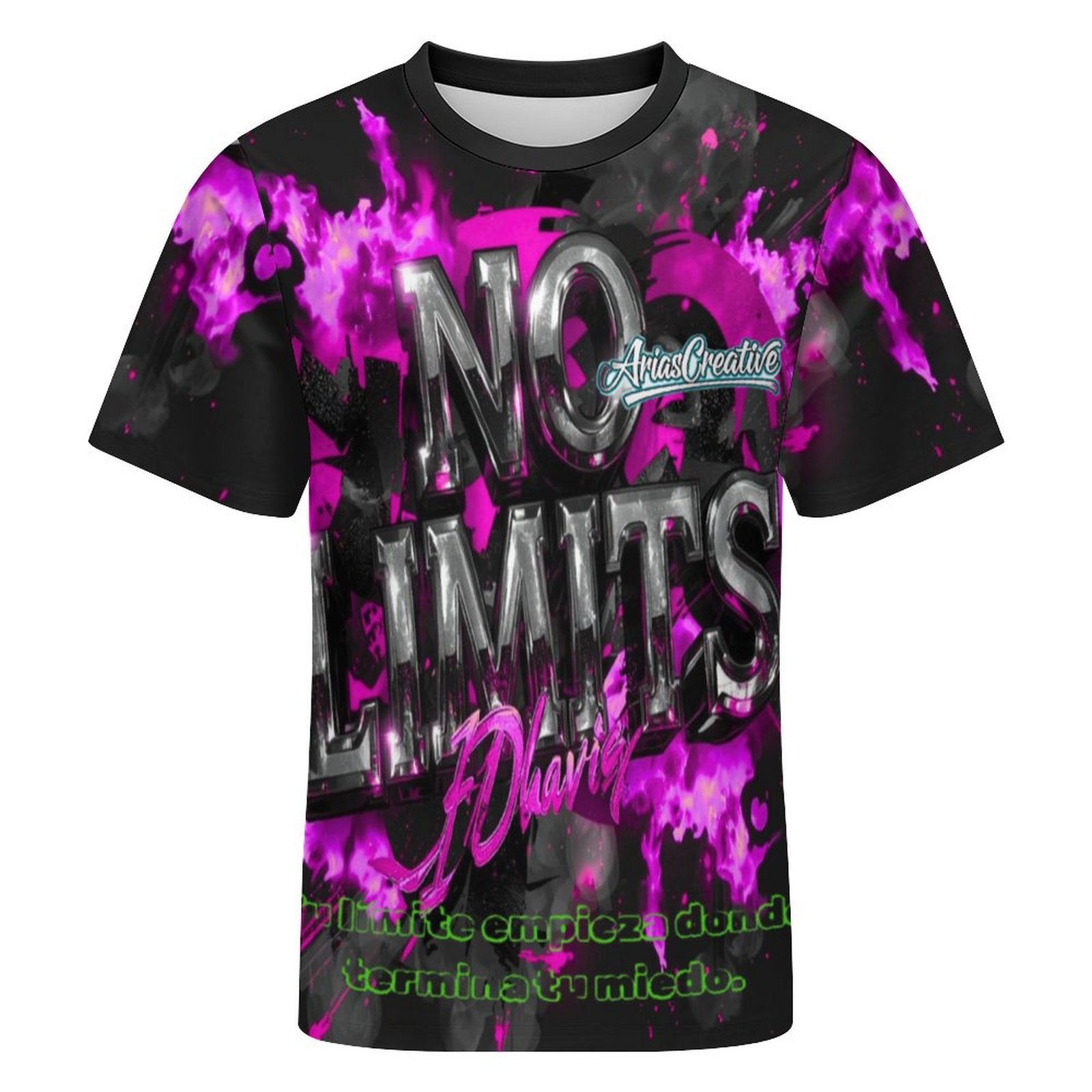 Camiseta corta de hombre AriasCreative en rosa, negro y gris con frases motivadoras y diseño urbano all-over de peaprint.