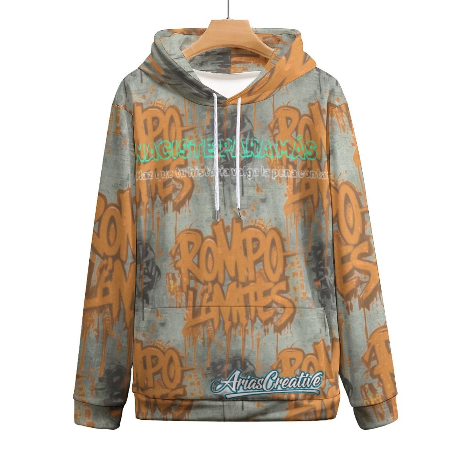 Sudadera con capucha AriasCreative "ROMPO MIS LÍMITES" en estilo streetwear urbano, color gris y diseño con texto en la parte frontal