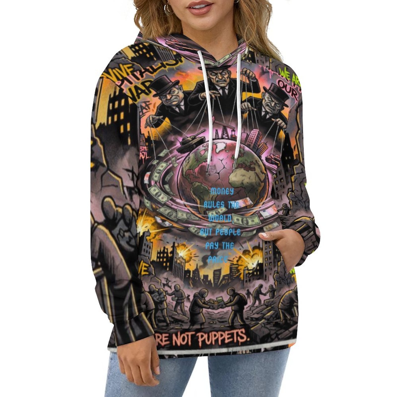 Hombre hoodie de peaprint, 230gsm, capucha doble capa, all-over print con arte social "Money Rules the World".