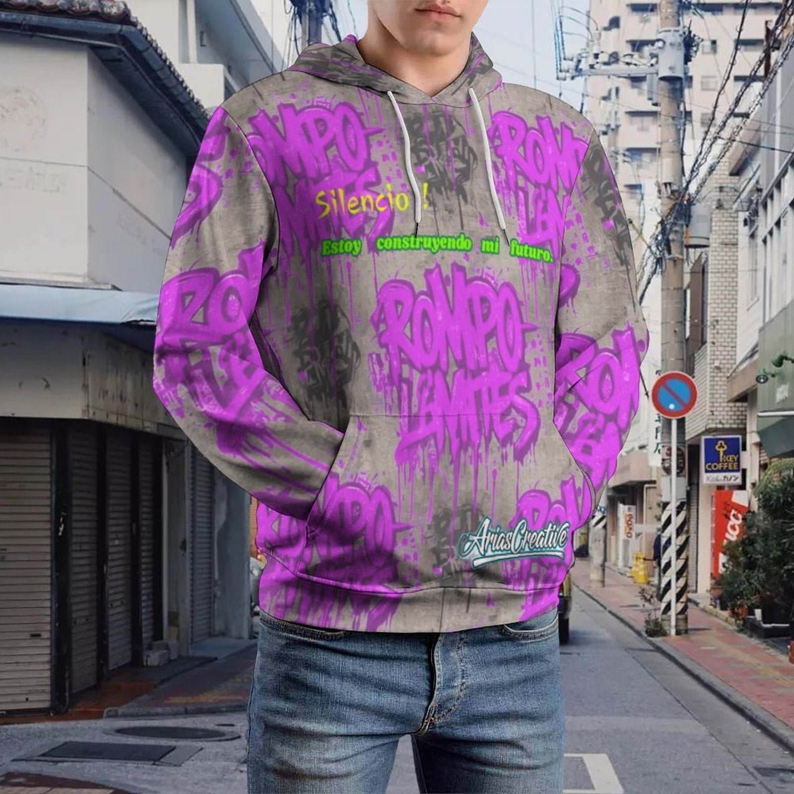 Sudadera con capucha rosa viejo de peaprint con la frase "ROMPO MIS LÍMITES" en el frente, estilo casual y cómodo.