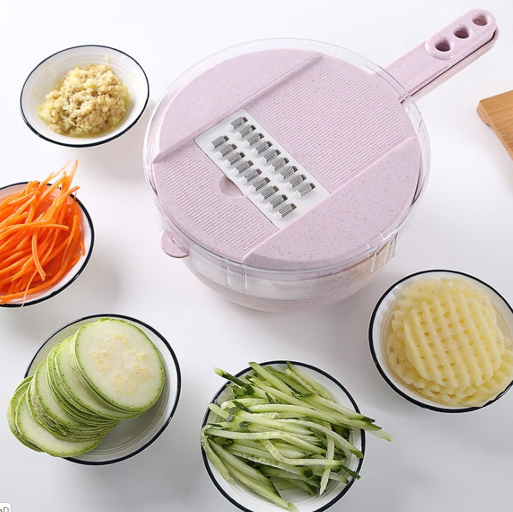 Cortador de verduras multifunción AriasCreative 8 en 1 con diferentes cuchillas para cortar y picar verduras.