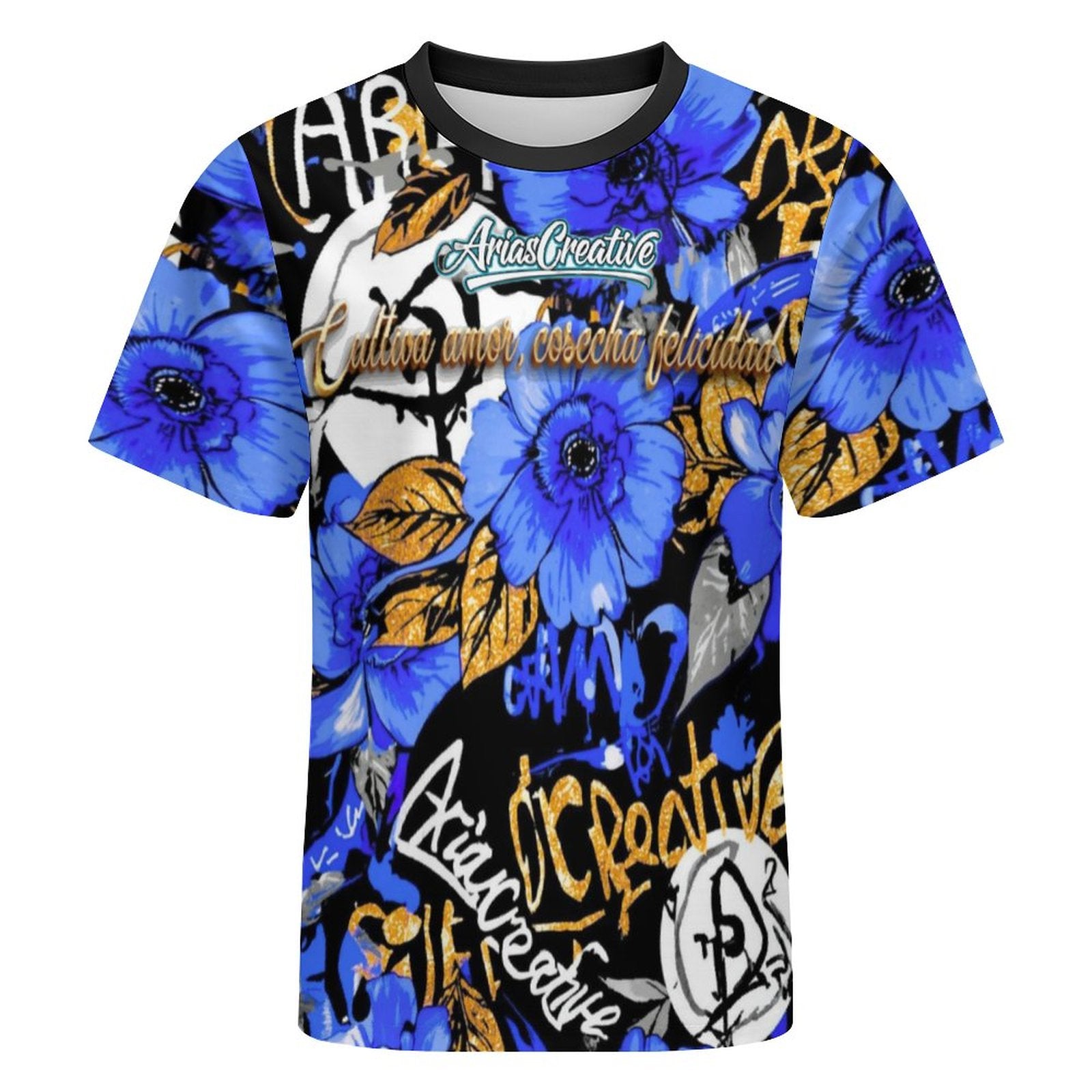 Camiseta manga corta azul con letras doradas "Cultiva amor, cosecha felicidad" de la marca AriasCreative.