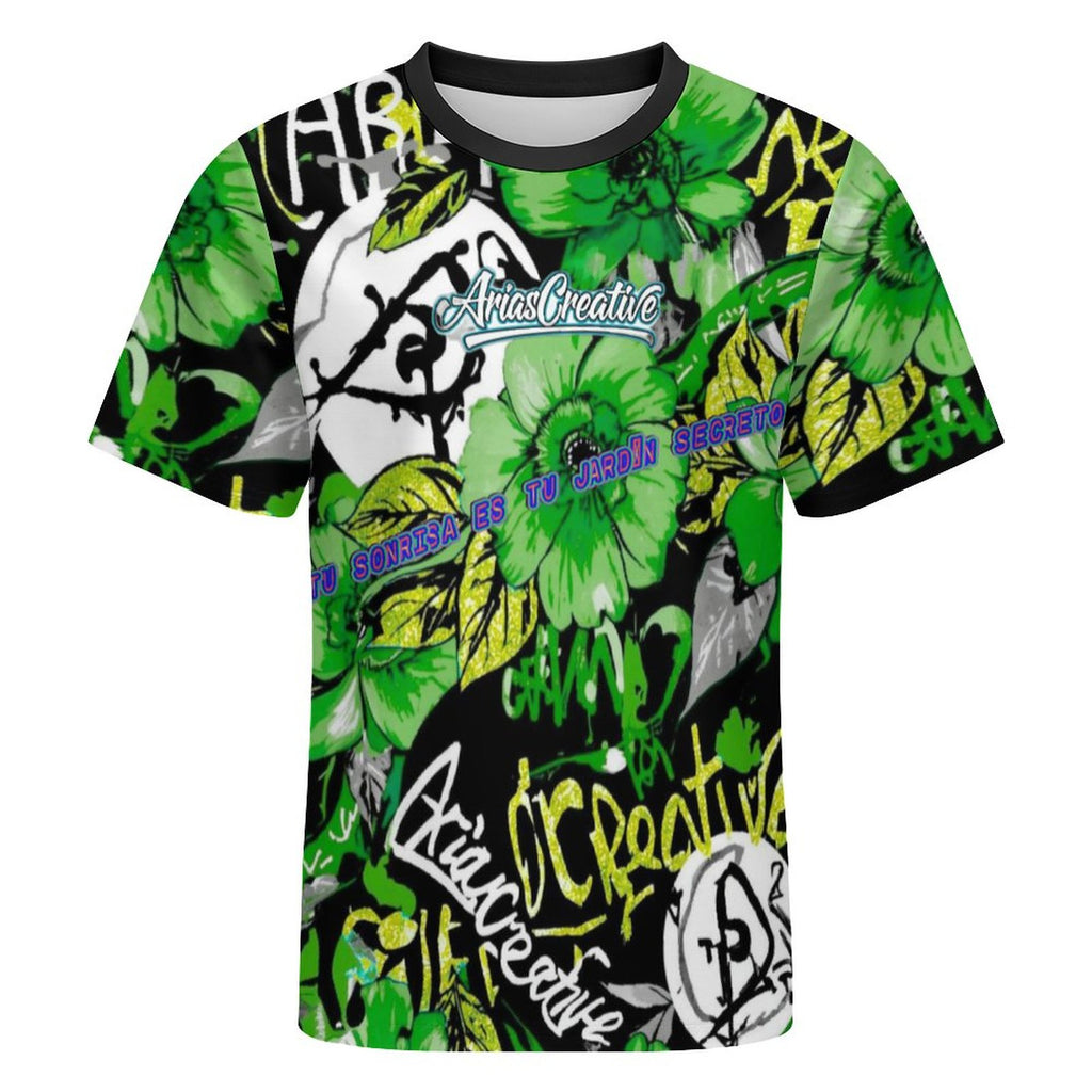 Camiseta manga corta verde de Peaprint con mensaje "Tu sonrisa es tu jardín secreto" en estilo artístico, imagen en color vibrante.