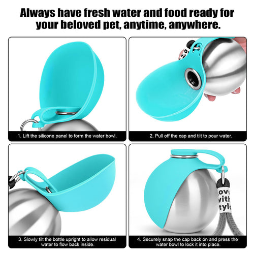 Botella de agua portátil para perros AriasCreative de acero inoxidable con bebedero antiderrames para paseos y viajes.