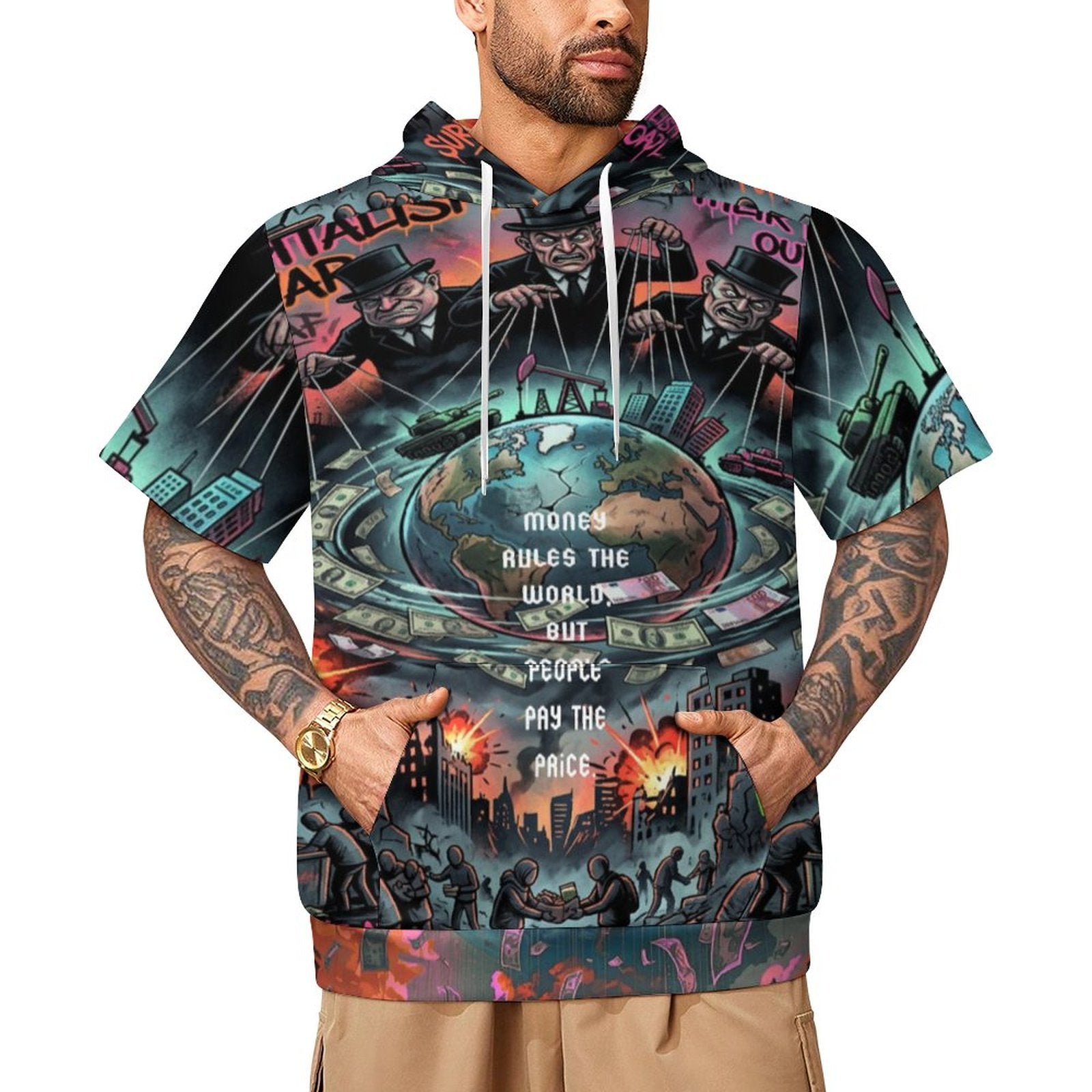 Short sleeve hoodie by peaprint featuring all-over print and urban art design "Money Rules the World, But People Pay the Price."