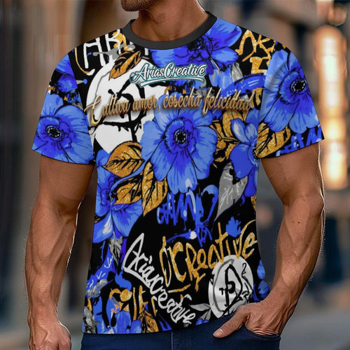 Camiseta manga corta azul con detalles en oro y mensaje "Cultiva amor, cosecha felicidad" de la marca AriasCreative.