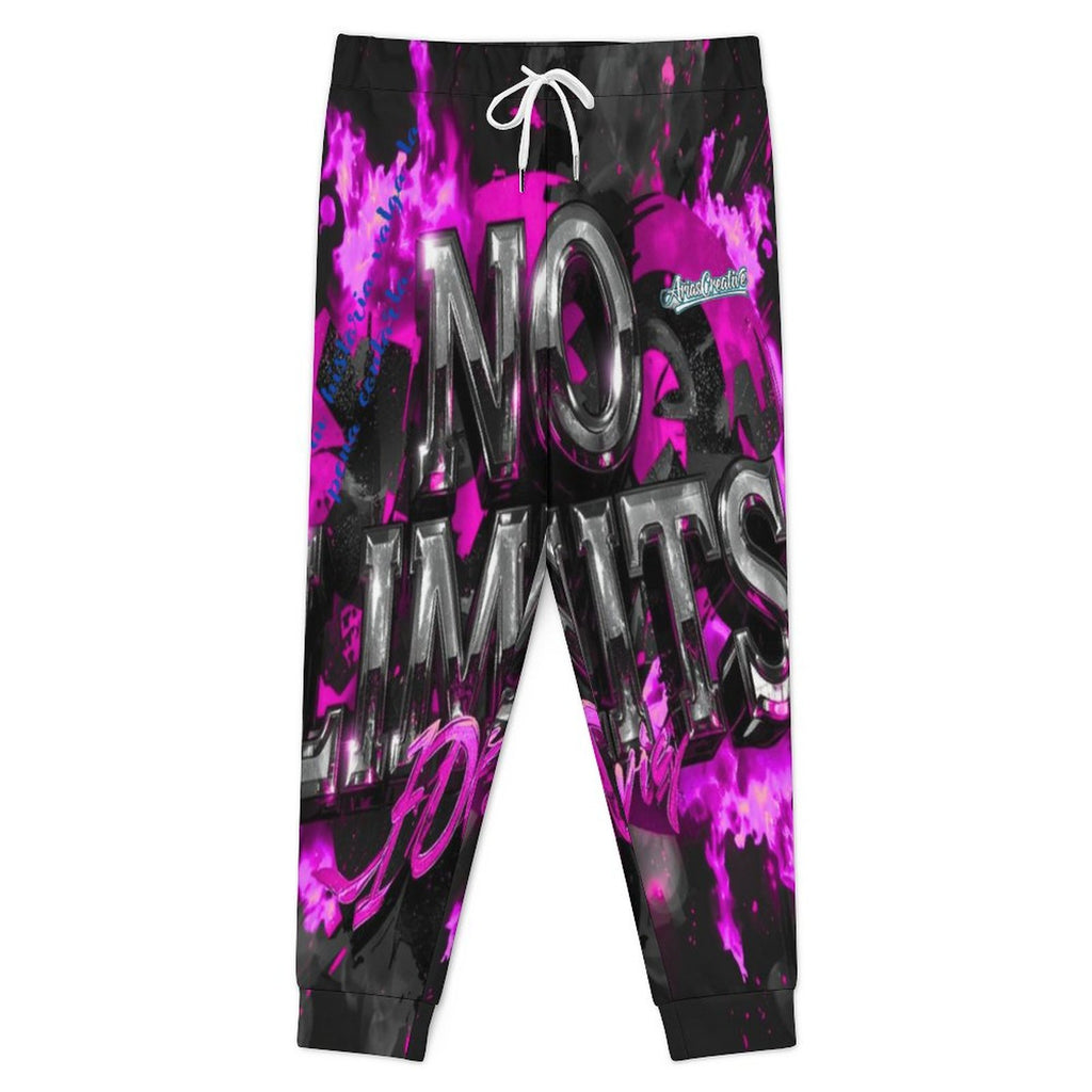 Jogger pants by AriasCreative in pink, black, and gray all-over print, perfect for urban streetwear style.