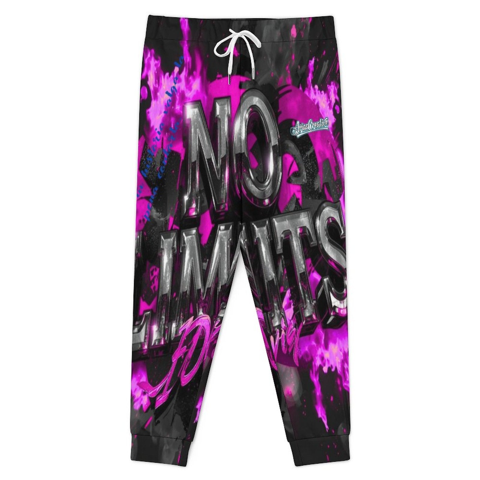 Jogger pants by AriasCreative in pink, black, and gray all-over print, perfect for urban streetwear style.
