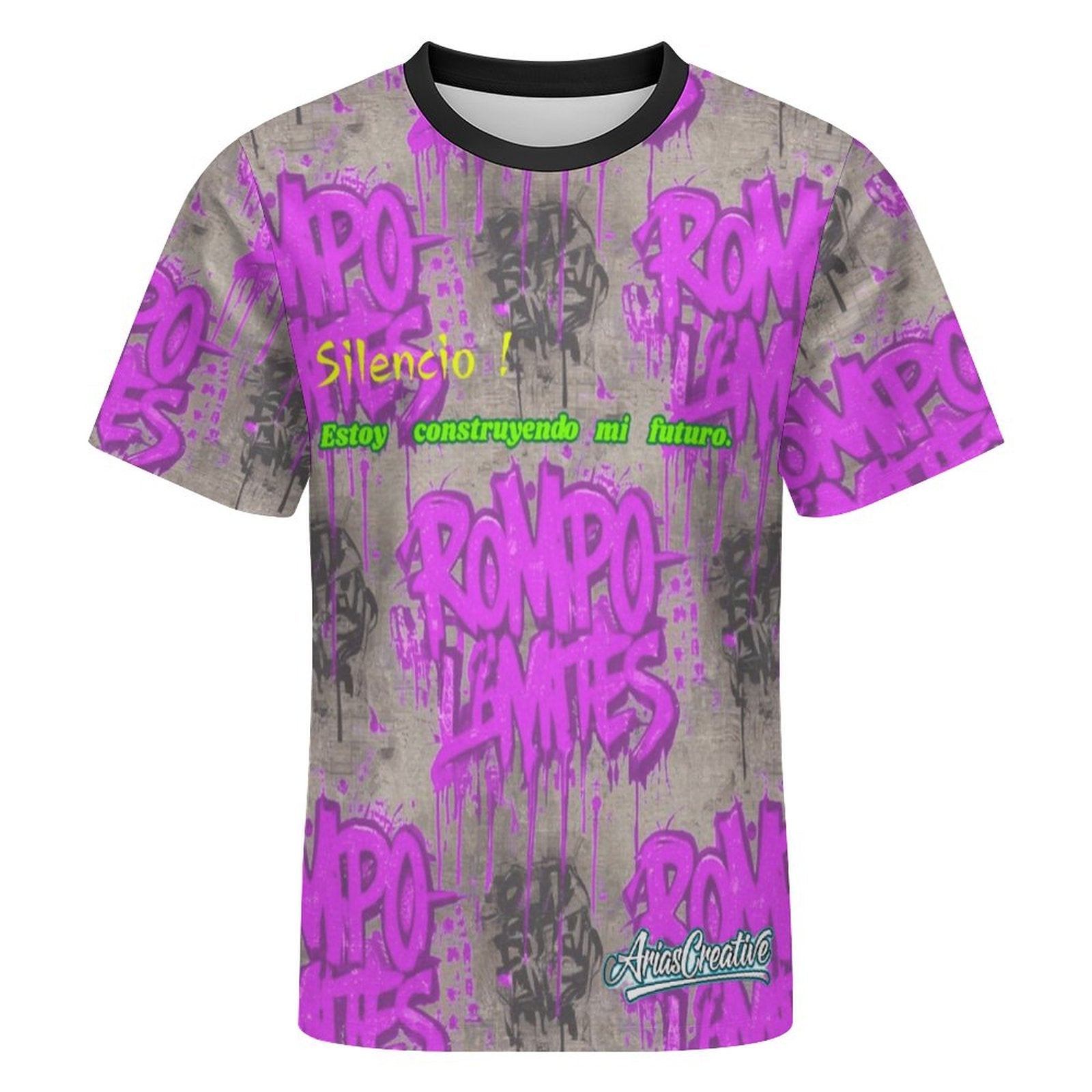 Camiseta de manga corta Rosa y Gris AriasCreative con el texto "ROMPO MIS LÍMITES" en el frente.