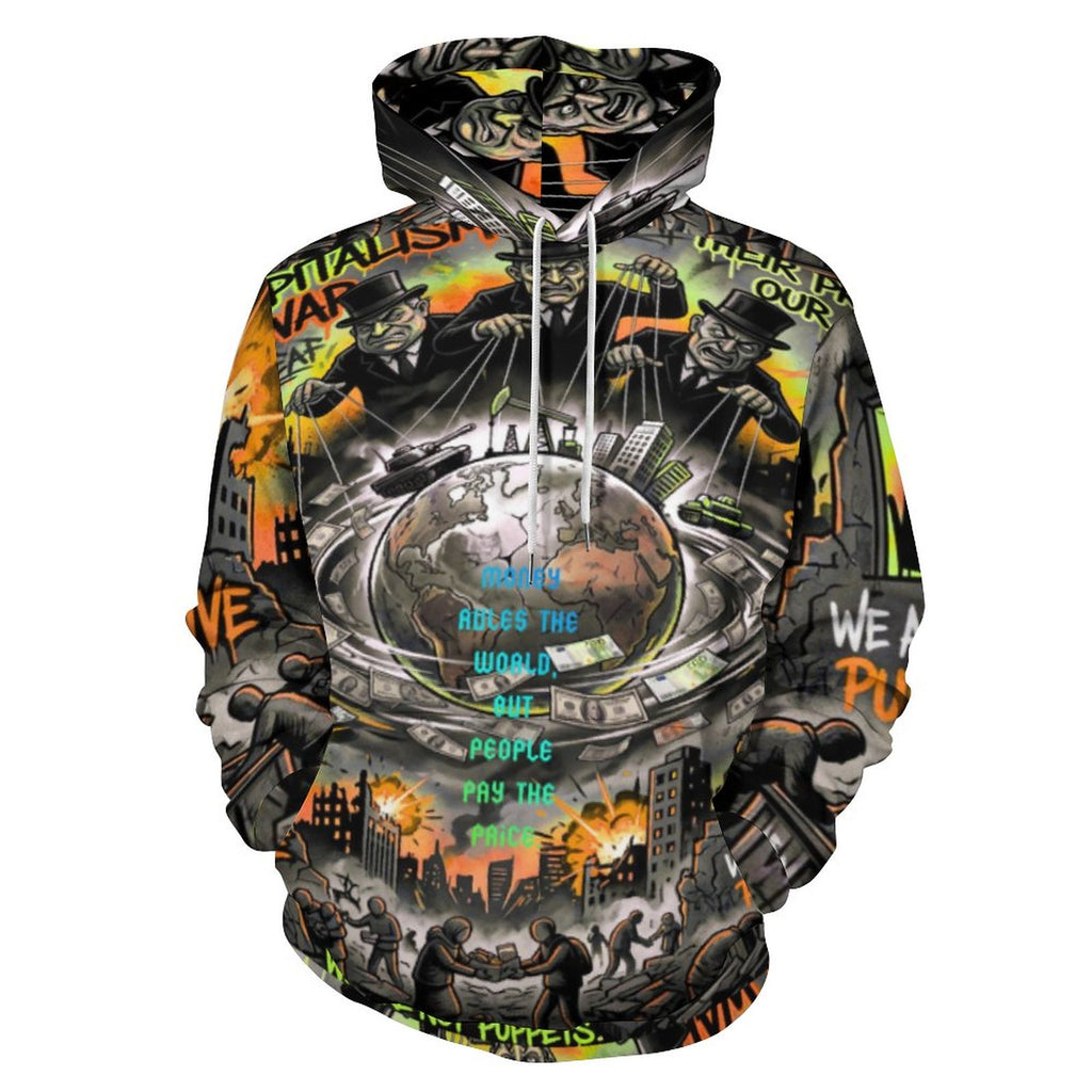 Hoodie by peaprint featuring all-over print of Earth, war, and money, with the phrase "Money Rules the World."