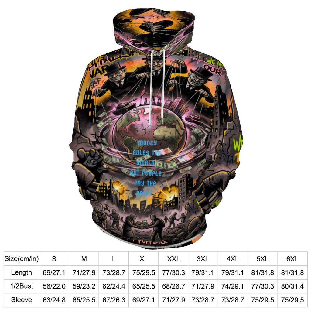 Hombre hoodie peaprint 230gsm con capucha doble capa y diseño "Money Rules the World" en todo el producto.