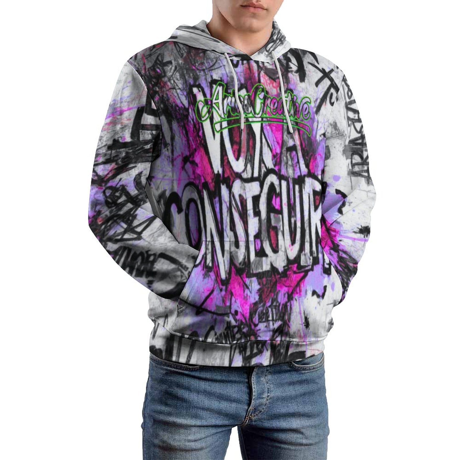 Hombre con sudadera con capucha Graffiti AriasCreative™ de peaprint, diseño All Over Print de Street Cat en estilo urbano.