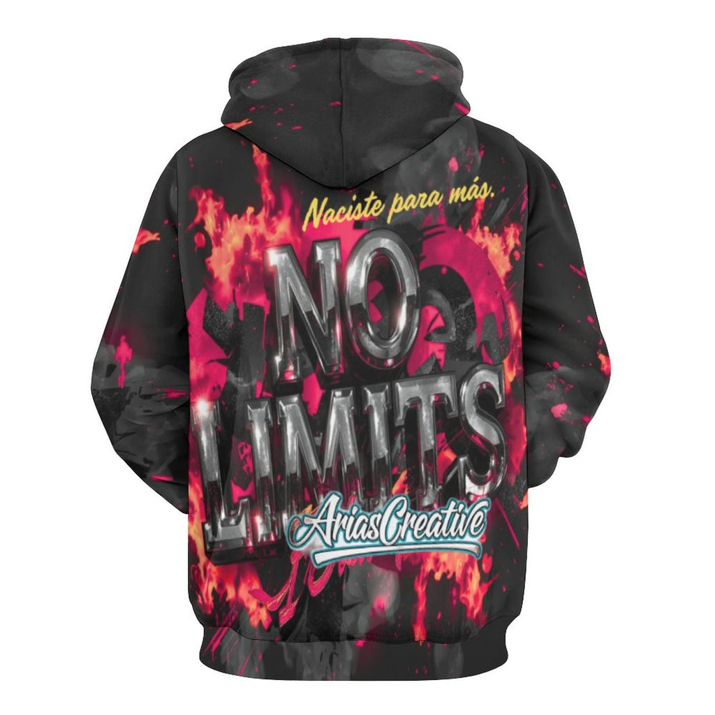 Hoodie Masculino AriasCreative “No Limits” with all-over print and double hood, featuring motivational phrases.