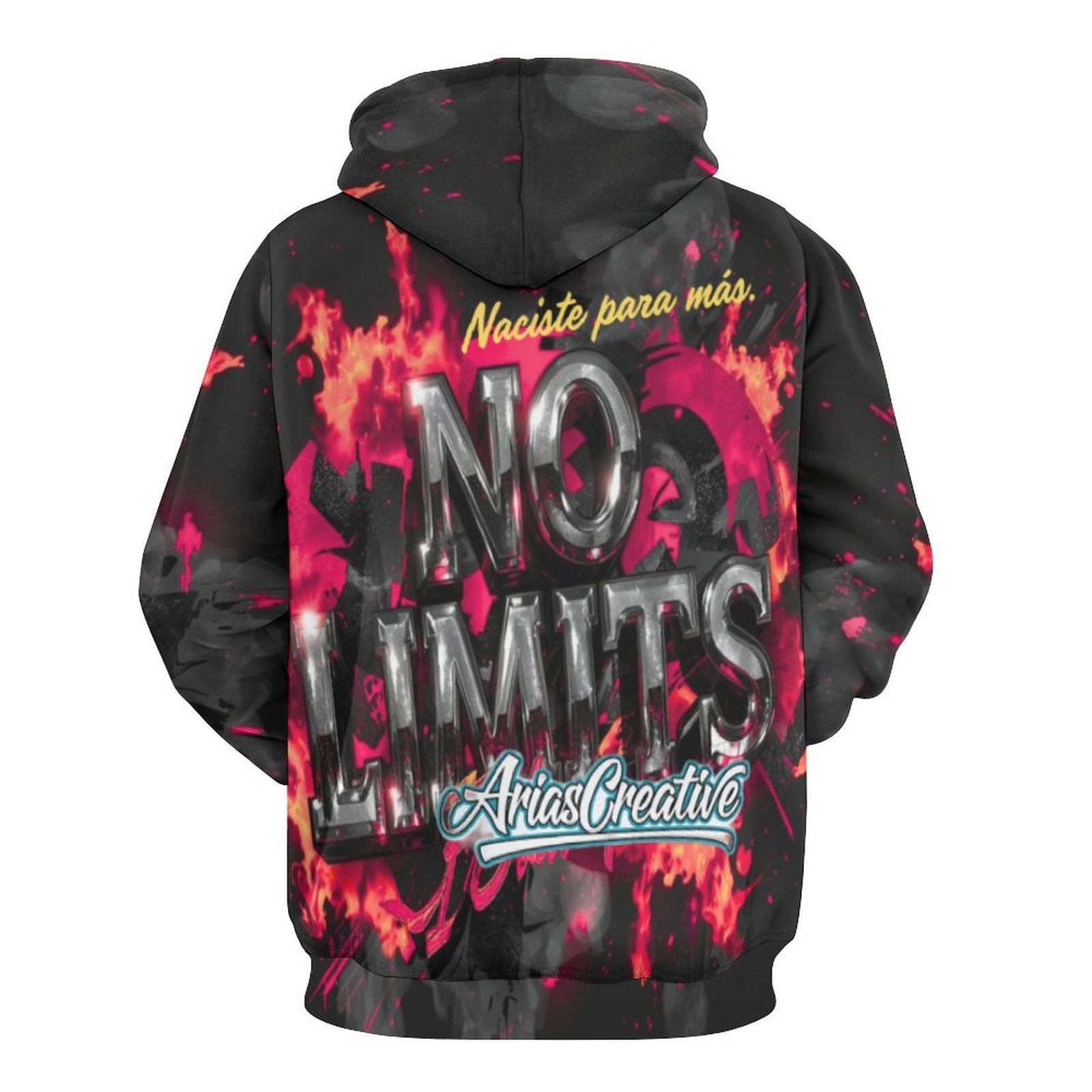Hoodie Masculino AriasCreative “No Limits” with all-over print and double hood, featuring motivational phrases.