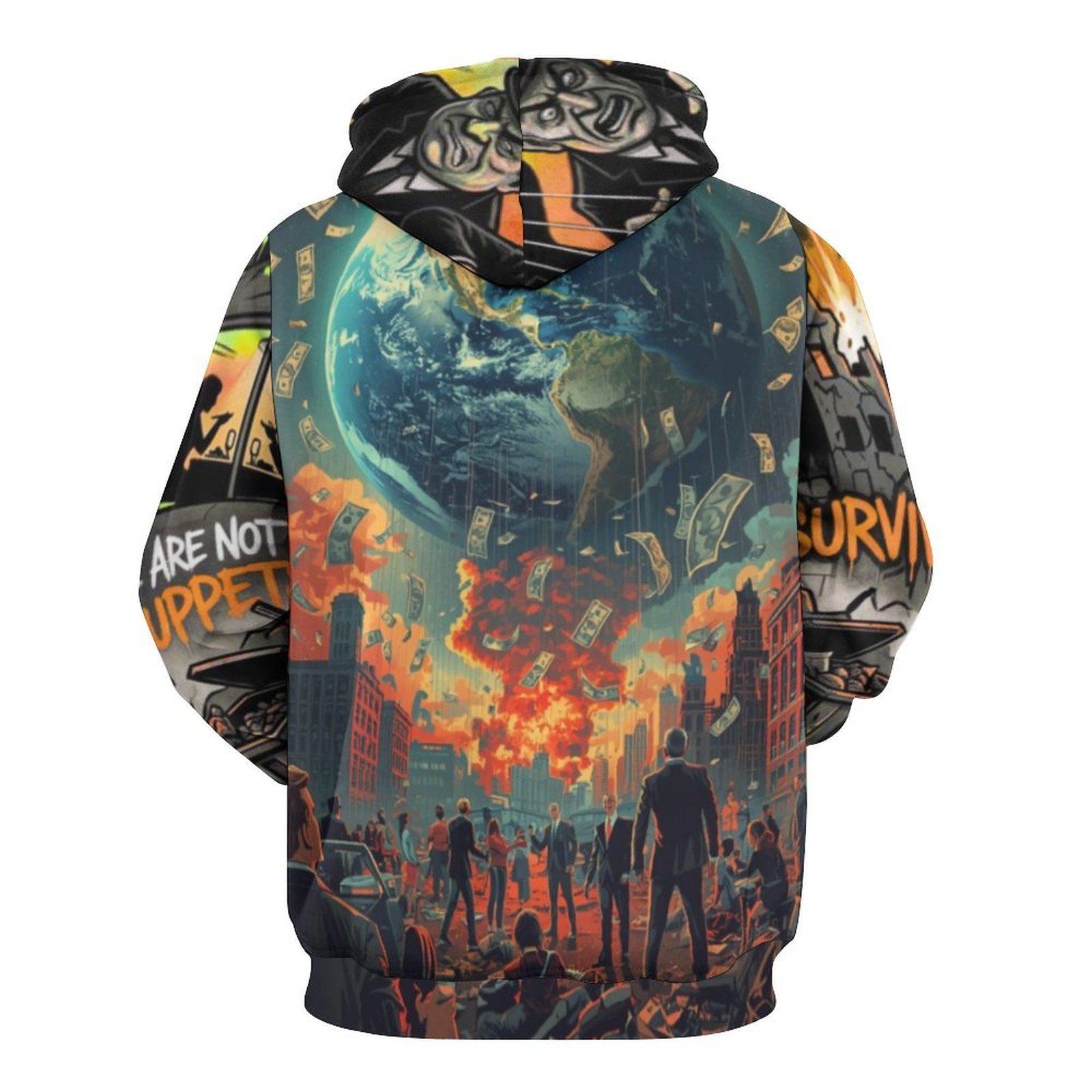 All-over print hoodie by peaprint featuring urban art with Earth, war, and money themes, showcasing a stylish design.