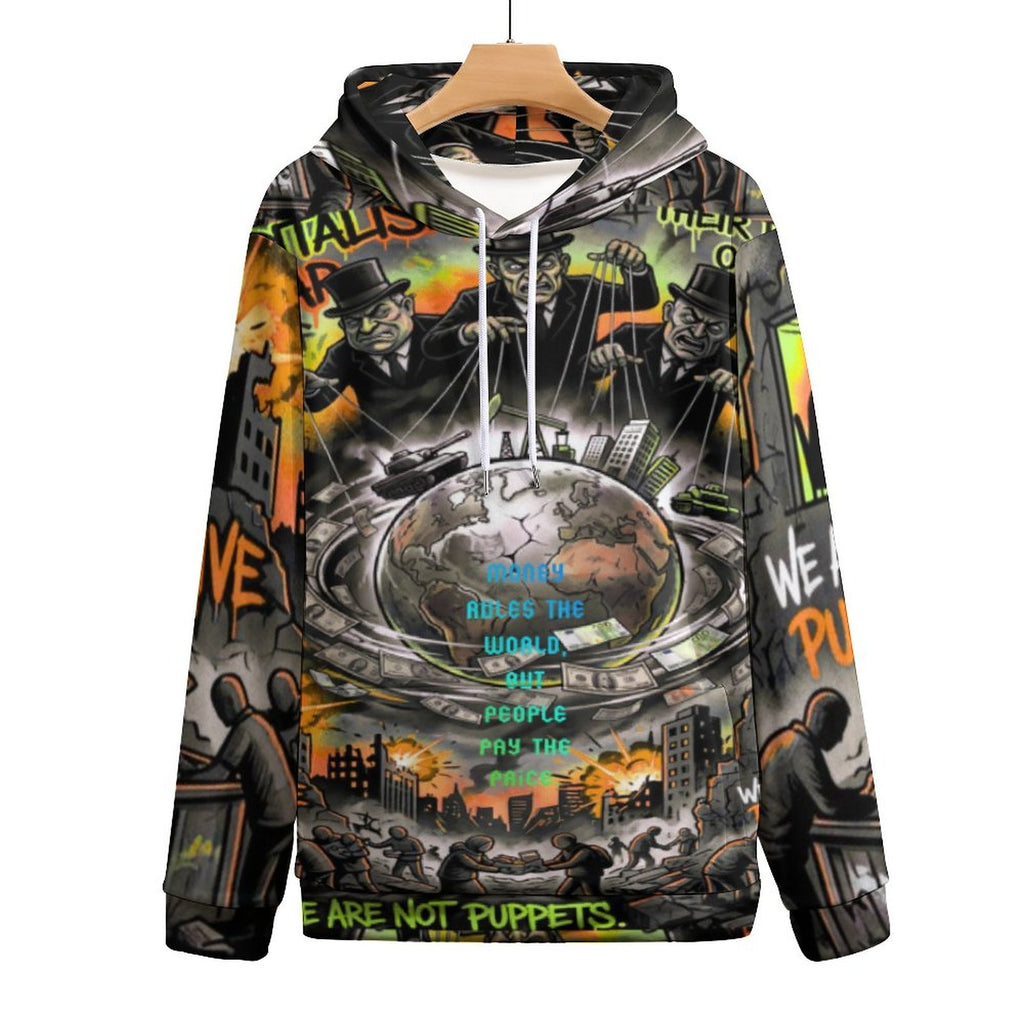 Hoodie by peaprint featuring all-over print design with Earth, war, and money themes, showcasing urban social art.