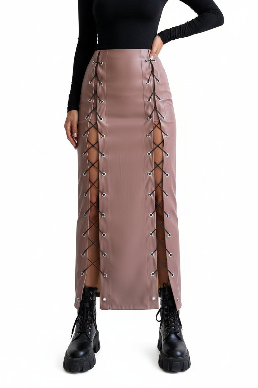 Falda Lápiz PU con Abertura y Cordones – Estilo Urbano - ariascreative