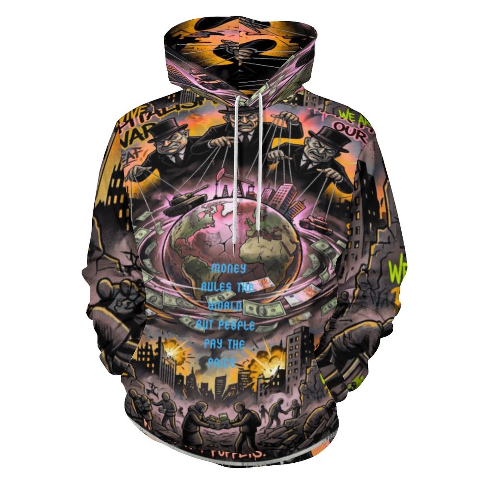 AriasCreative™ hoodie for men with double-layer hood and all-over print featuring "Money Rules the World" design.