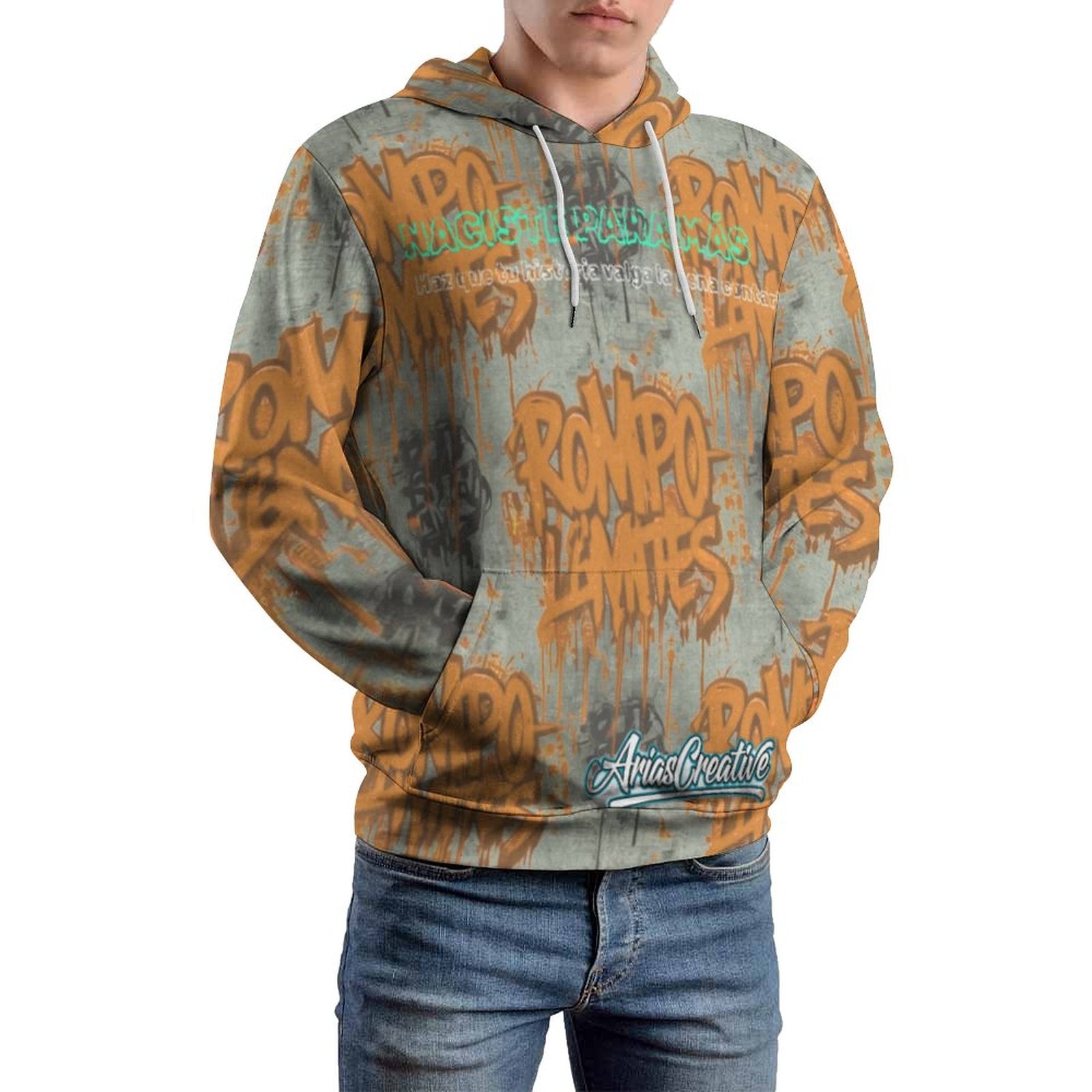 Sudadera con capucha AriasCreative "ROMPO MIS LÍMITES" en estilo streetwear urbano, color gris y diseño moderno.