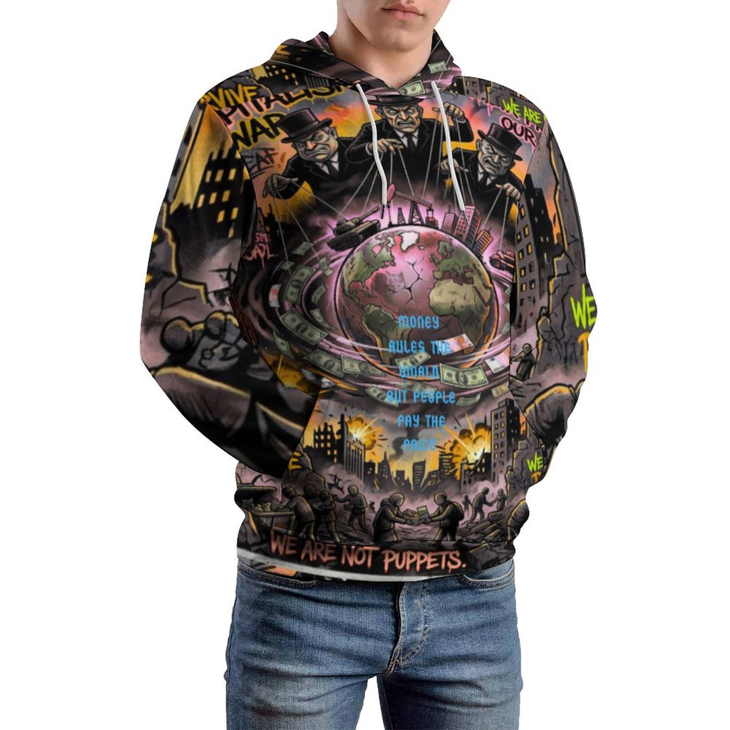 Hombre hoodie by peaprint, 230gsm, double layer hood, all-over print “Money Rules the World” in urban art style.