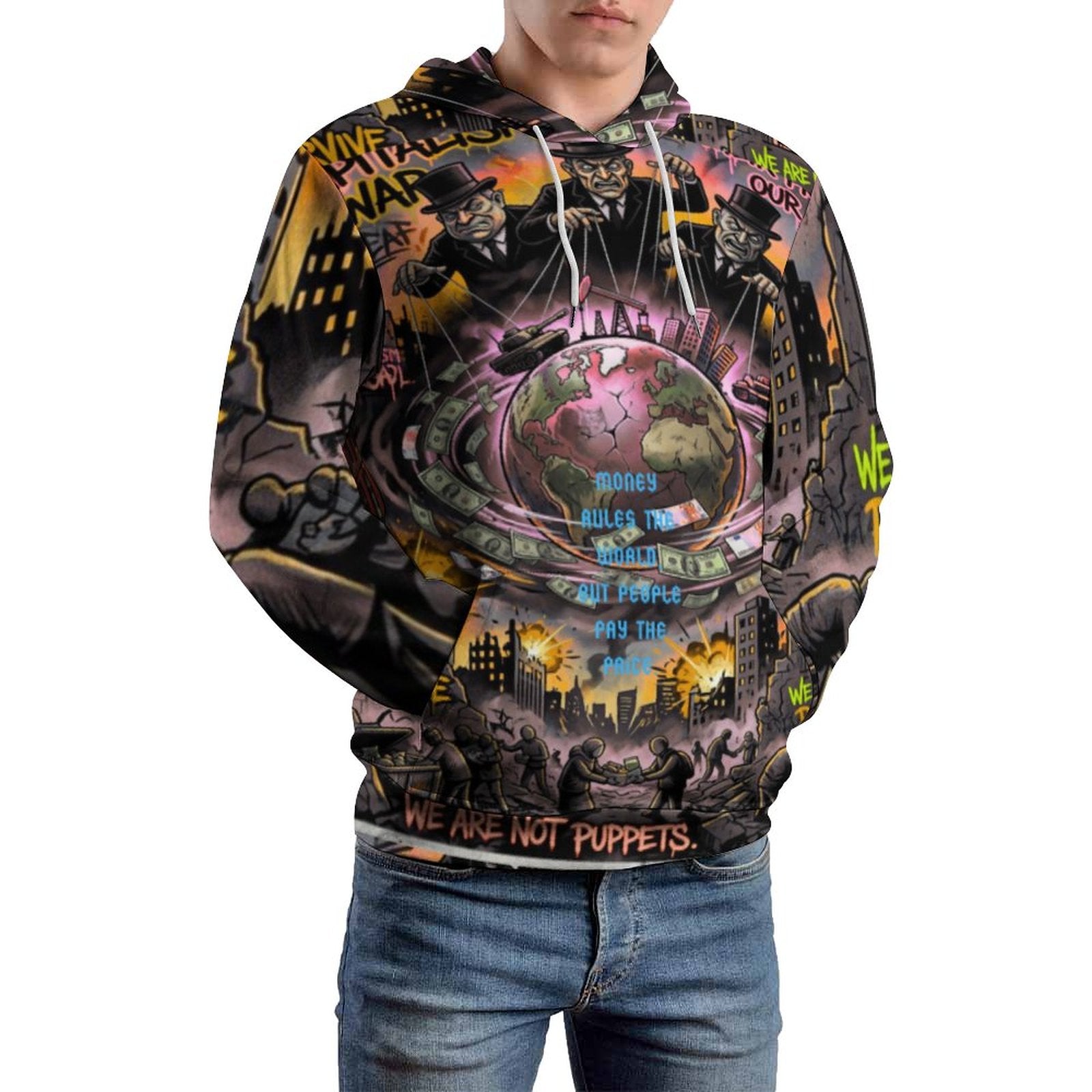 Hombre hoodie by peaprint, 230gsm, double layer hood, all-over print “Money Rules the World” in urban art style.