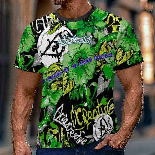 Camiseta verde de manga corta de la marca Peaprint con la frase "Tu sonrisa es tu jardín secreto" en estilo artístico.