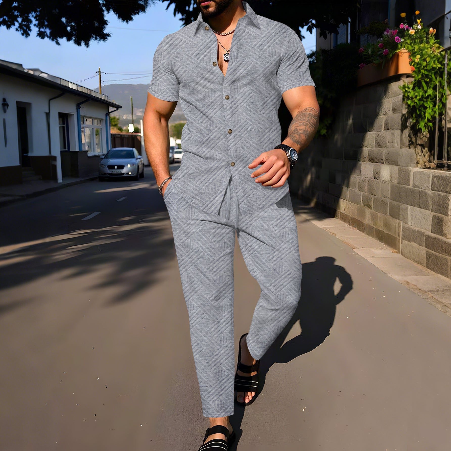 Conjunto de ropa de verano para hombre de 2 piezas de AriasCreative, camiseta de manga corta y pantalón ligero en tonos claros