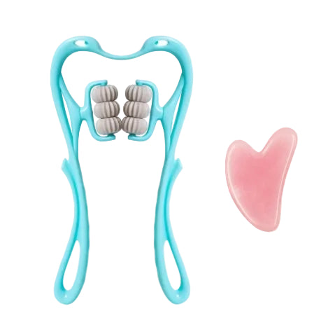 Masajeador cervical manual AriasCreative con 6 rodillos, para cuello, hombros, espalda y piernas, en diseño ergonómico azul o rosa.