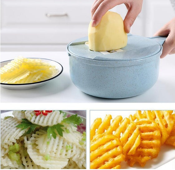 Cortador de verduras multifunción AriasCreative 8 en 1 con diferentes hojas y accesorios para cortar y rallar verduras.