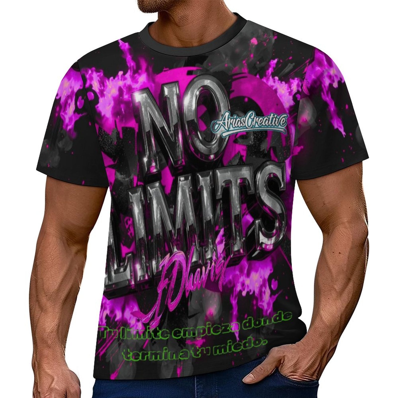 Camiseta corta de hombre de AriasCreative, rosa, negro y gris, con print motivacional en estilo streetwear.