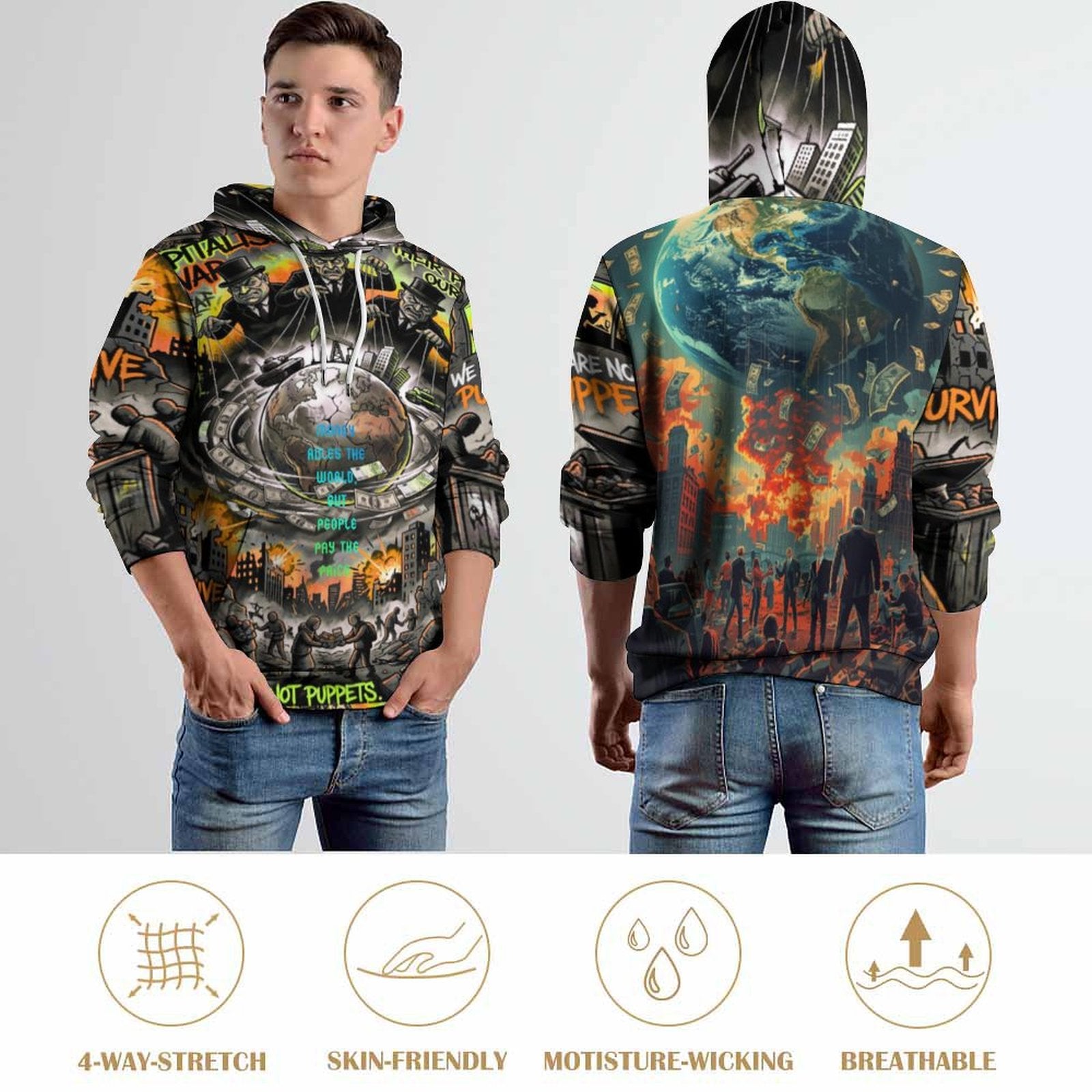 All-over print hoodie by peaprint featuring "Money Rules the World" design with Earth, war, and money motifs.