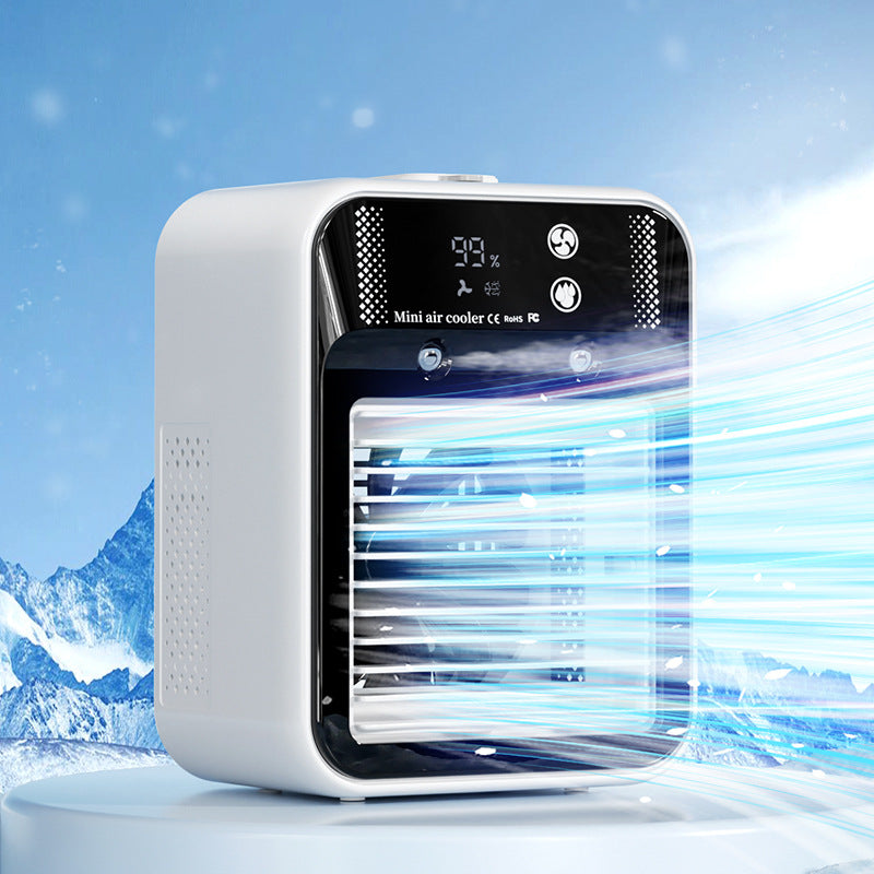 Enfriador de aire portátil AriasCreative con pantalla táctil, depósito de agua y ventilador de mesa con atomización y dos velocidades.