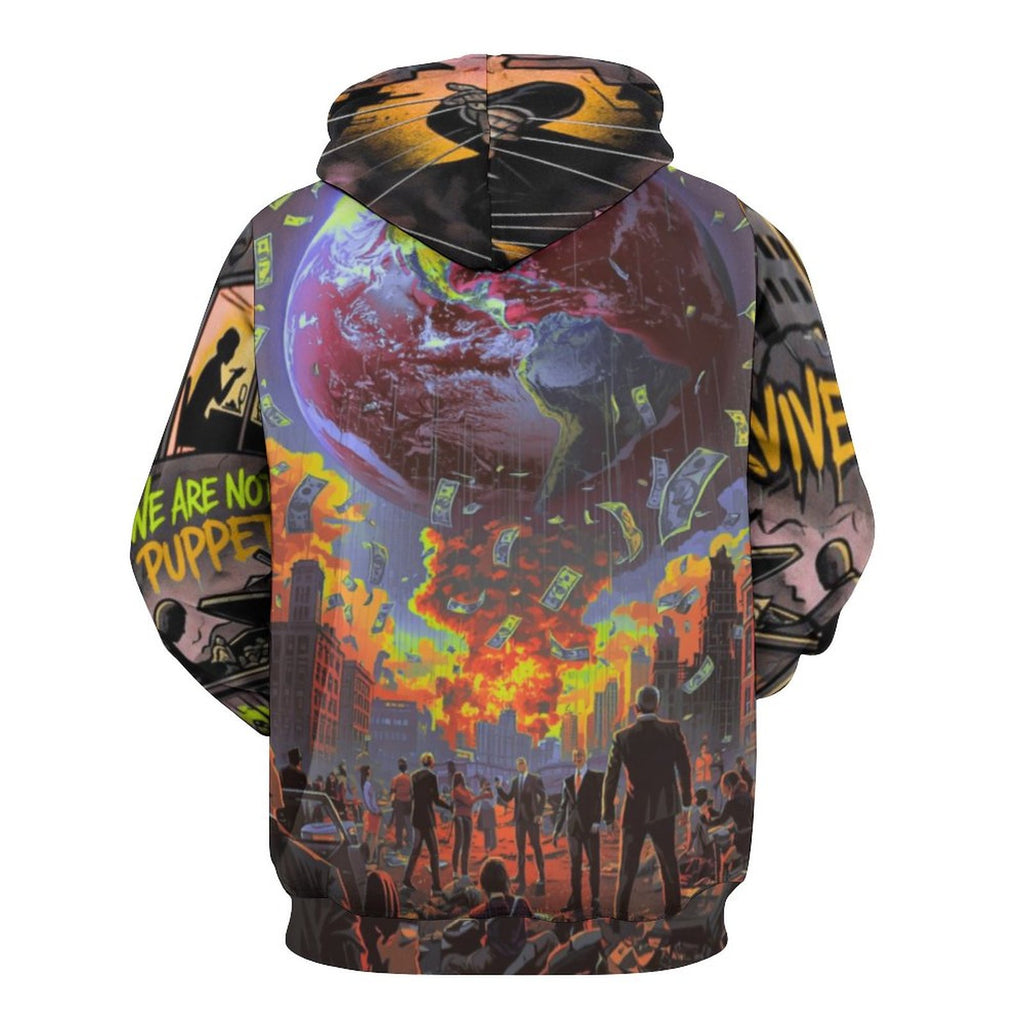 Hombre hoodie 230gsm peaprint con capucha doble capa y print "Money Rules the World, But People Pay the Price".