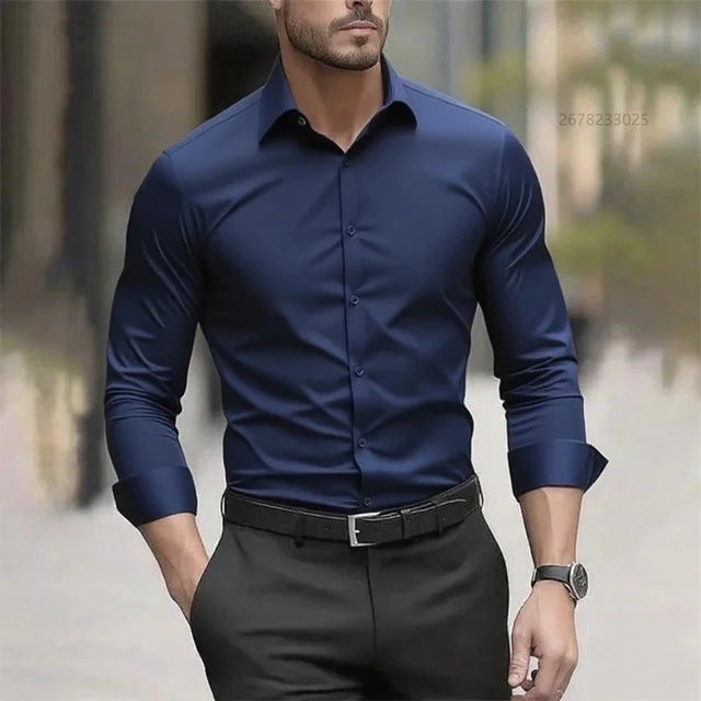 Camisa de hombre de manga larga en fibra de bambú, lisa y cómoda, de la marca AriasCreative, para un estilo elegante y casual