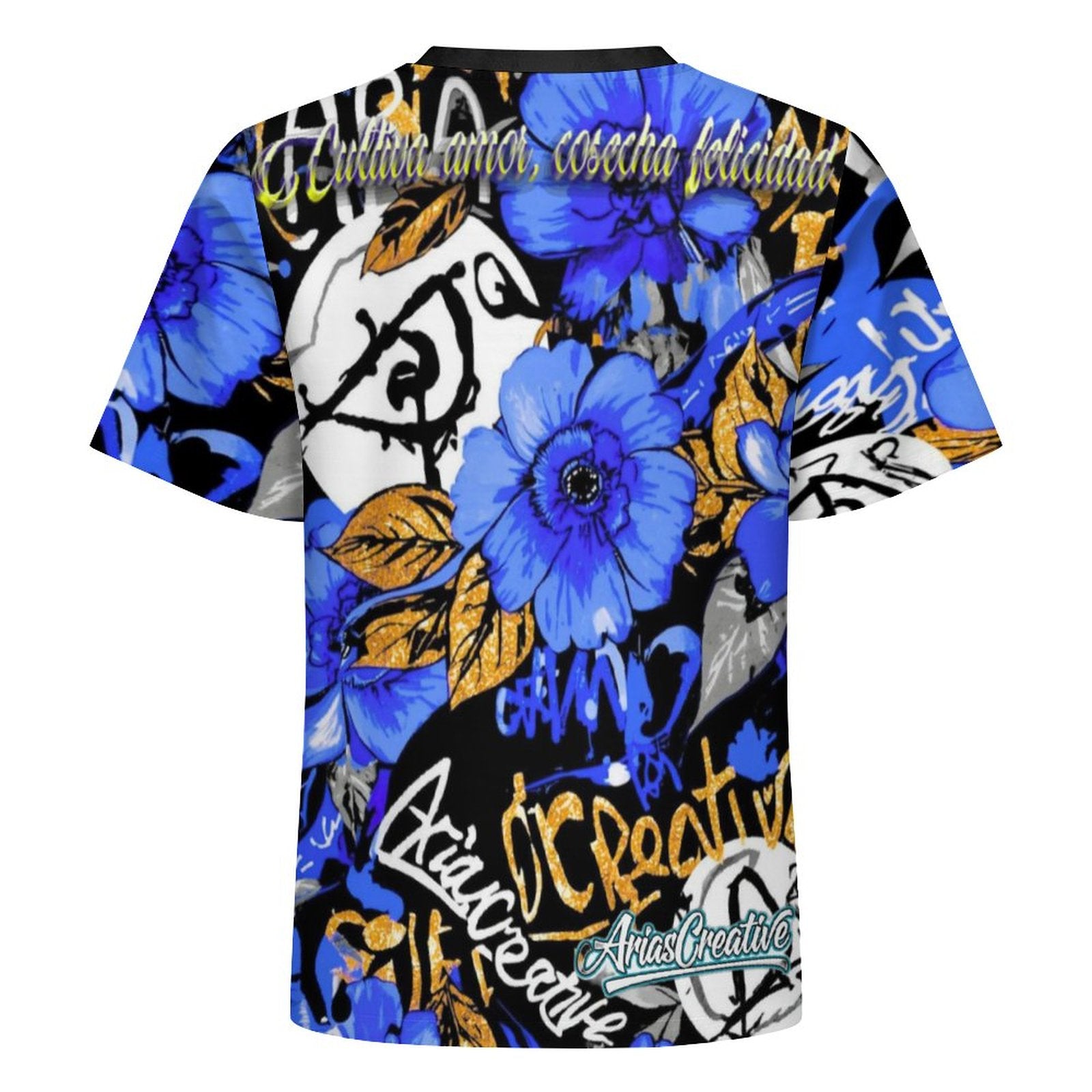 Camiseta manga corta azul y dorada de AriasCreative con mensaje "Cultiva amor, cosecha felicidad" en el frente.