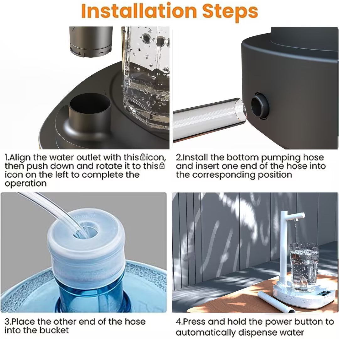 Dispensador de agua eléctrico automático AriasCreative en blanco y azul con soporte, tubo extensible y control de dosificación.