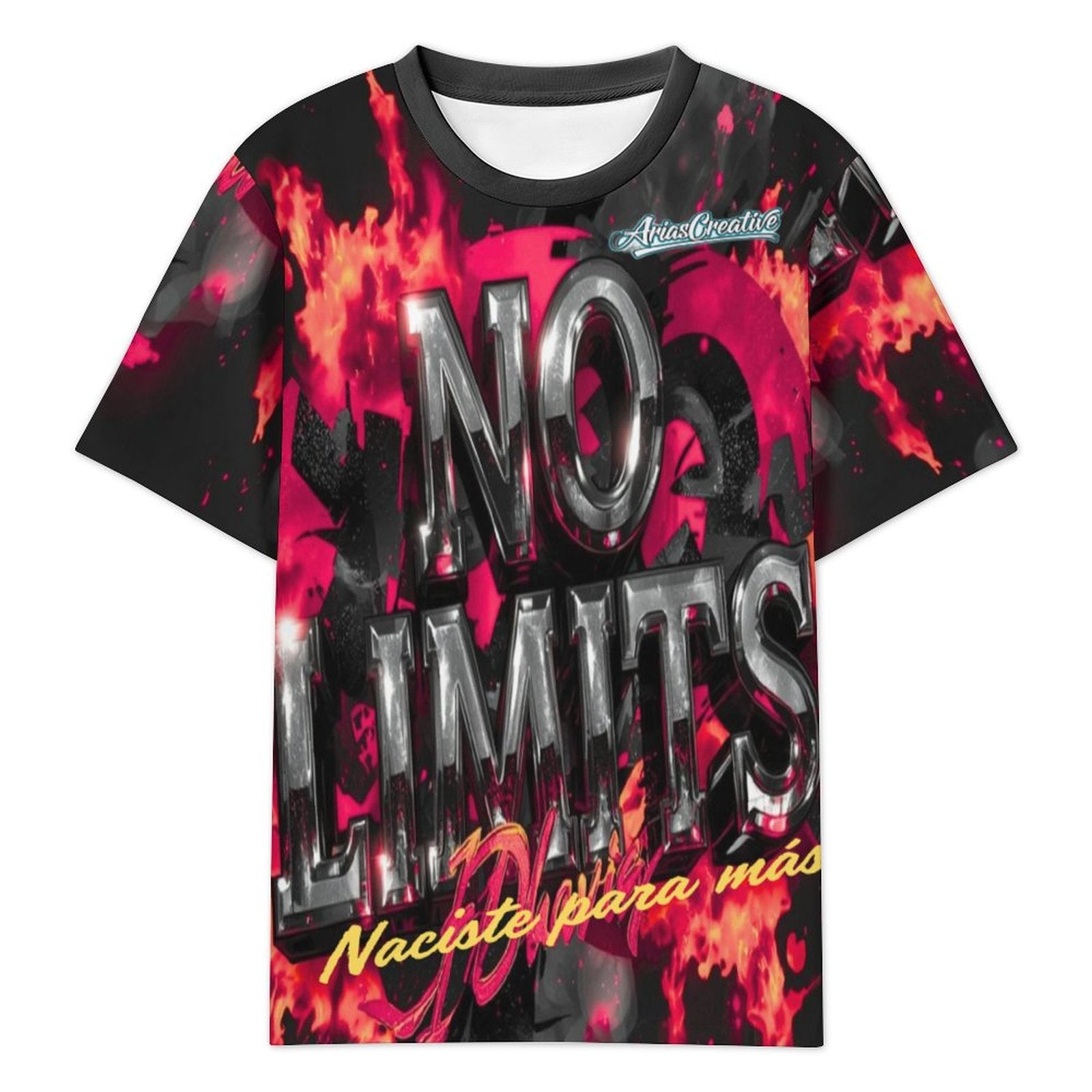 Camiseta manga corta AriasCreative "No Limits" con mensaje motivador, en color negro, vista frontal.