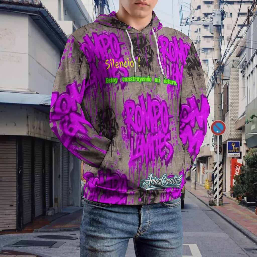 Sudadera con capucha AriasCreative "ROMPO MIS LÍMITES" en rosa y gris brillante con patrón graffiti, estilo moderno y atrevido.