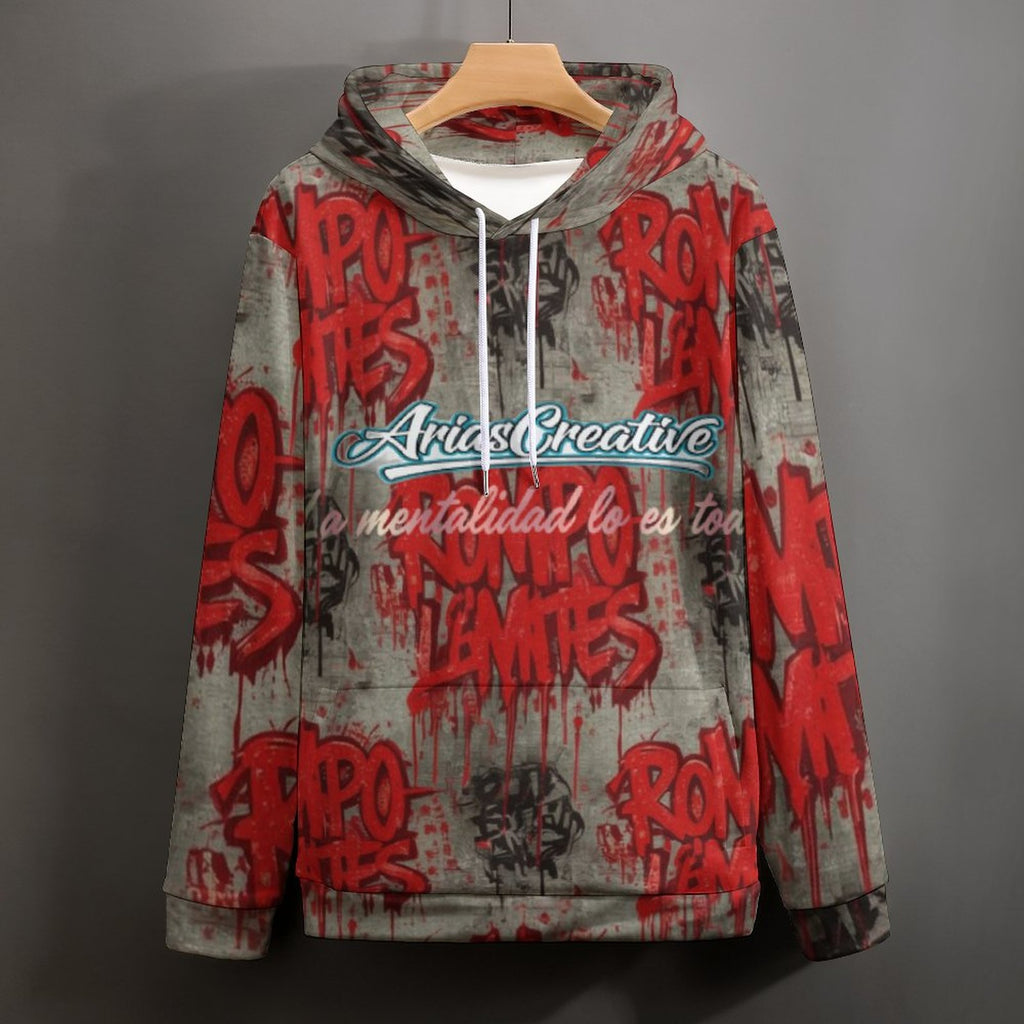 Sudadera con capucha AriasCreative "ROMPO MIS LÍMITES" en rojo y gris, ropa streetwear con diseño llamativo y estilo urbano.