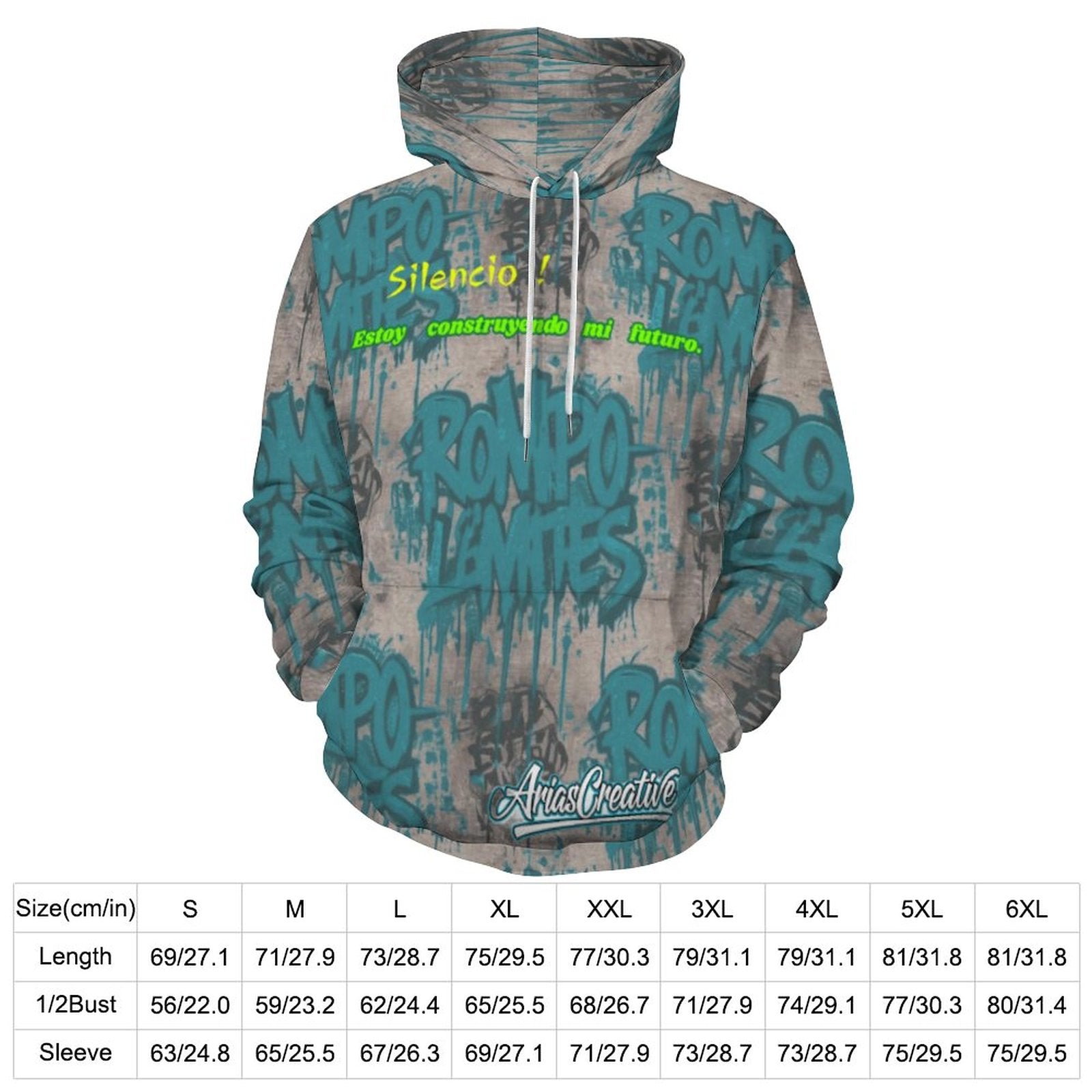 Sudadera con capucha Peaprint "ROMPO MIS LÍMITES" de AriasCreative, streetwear urbano premium, en color gris con diseño impreso.