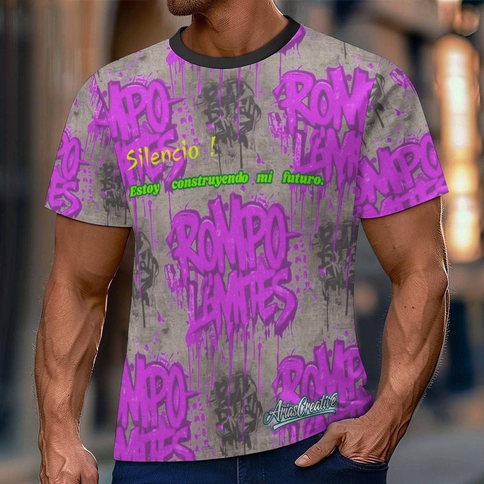 Camiseta manga corta rosa y gris de AriasCreative con mensaje “ROMPO MIS LÍMITES”, tela suave y diseño moderno.