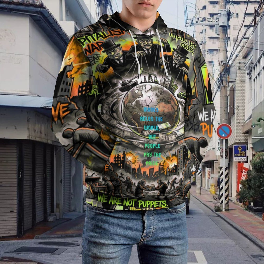 AriasCreative™ all-over print hoodie featuring urban art with planet Earth, war, and money by peaprint.
