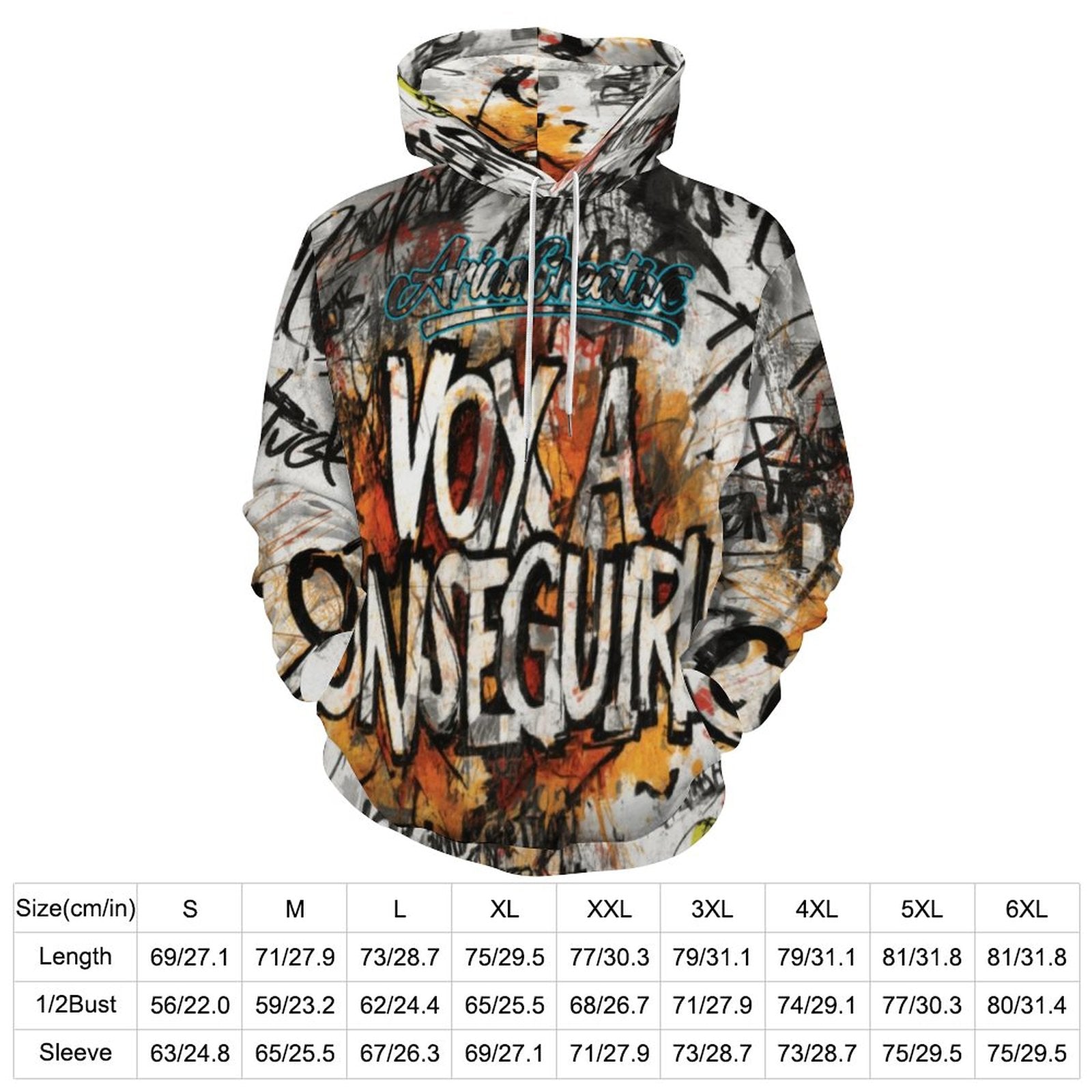 Hombre con sudadera con capucha AriasCreative™ de peaprint, diseño graffiti en impresión integral, estilo streetwear.