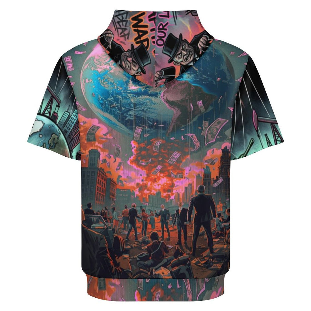 Hoodie de manga corta de peaprint con capucha, estampado "Money Rules the World" y diseño urbano de la Tierra.