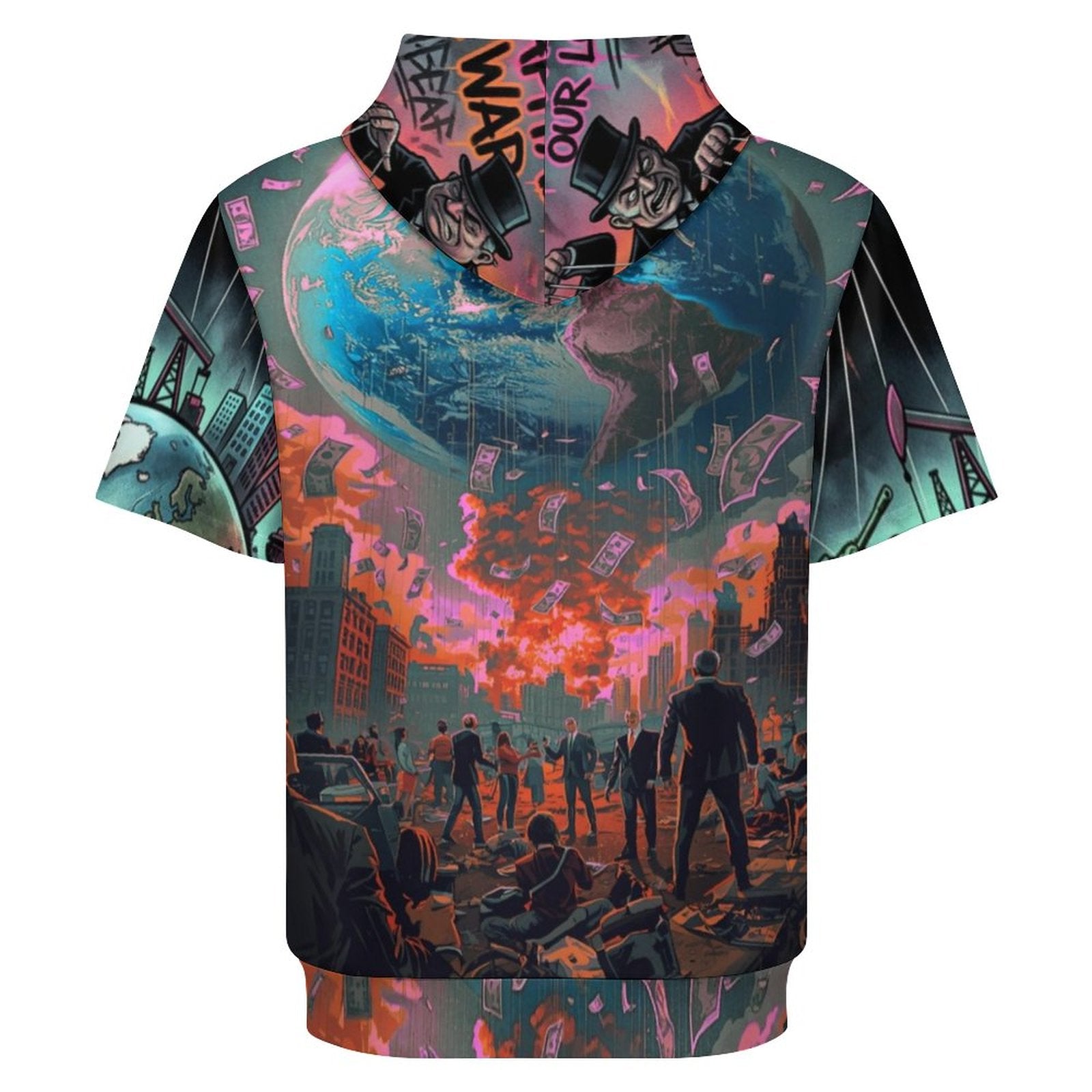 Hoodie de manga corta de peaprint con capucha, estampado "Money Rules the World" y diseño urbano de la Tierra.