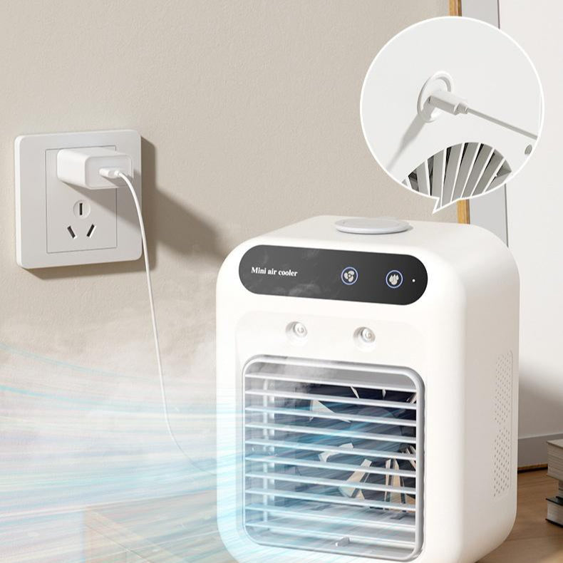Enfriador de aire portátil AriasCreative con pantalla táctil, depósito de agua, ventilador humidificador y atomización, en mesa.