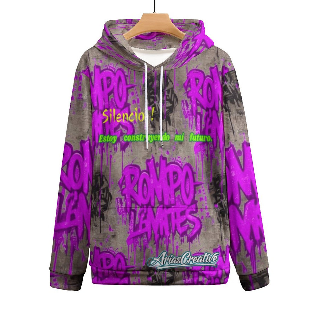 Sudadera con capucha AriasCreative "ROMPO MIS LÍMITES" en rosa y gris brillante con patrón graffiti, estilo moderno y urbano.